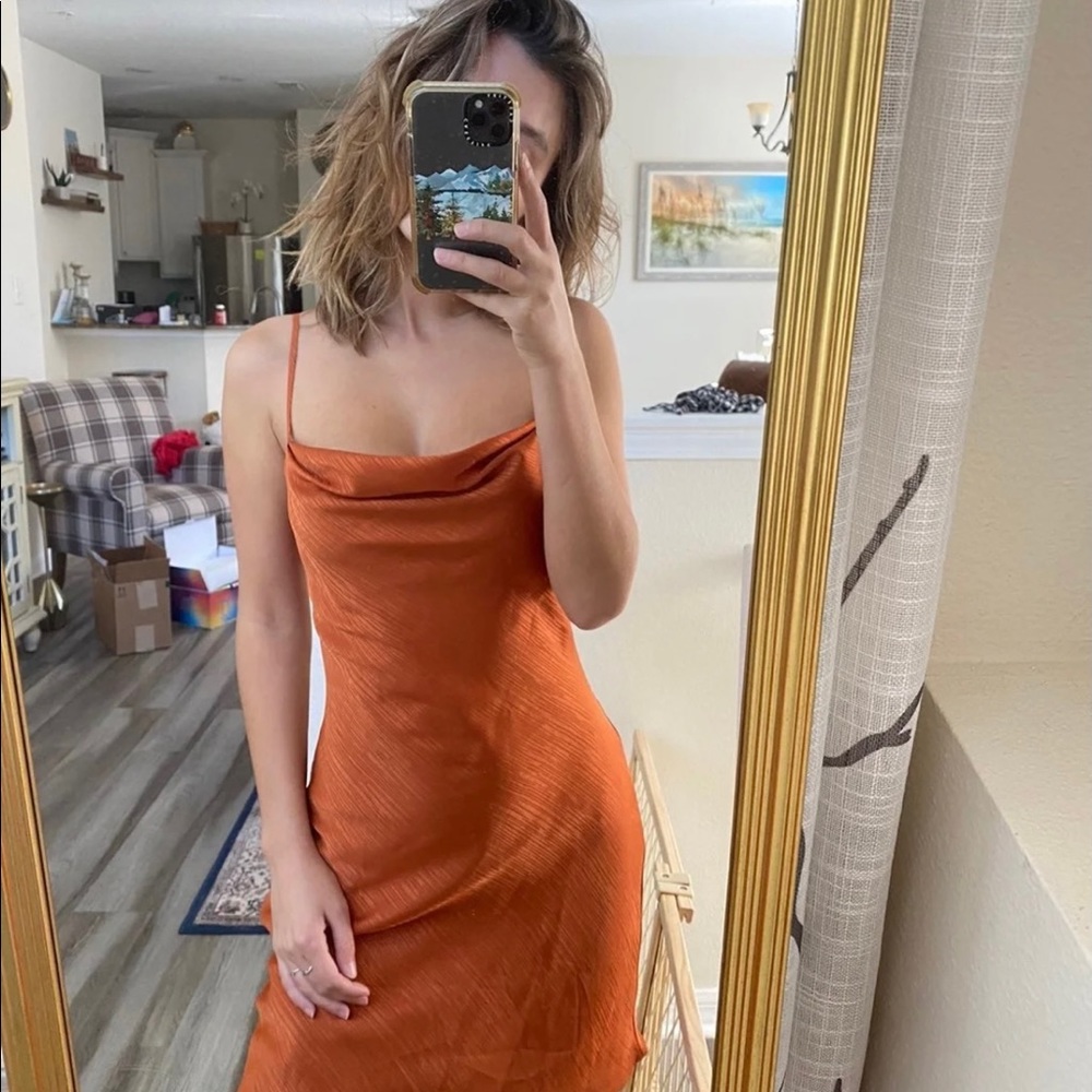 Satin Cowl Neck Slip Dress in Burnt Orange
